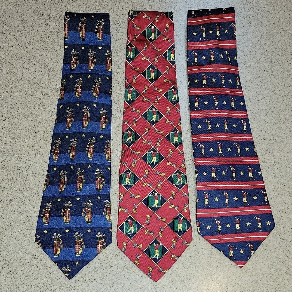 Tommy Hilfiger Vintage 100% Italian Silk Golf Theme Ties 3 Piece Lot Made in USA